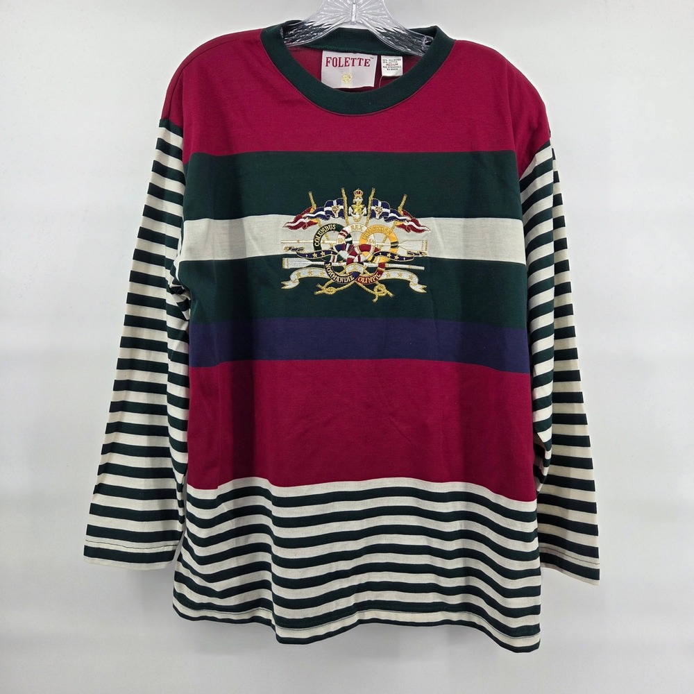 Folette Vintage 90s Nautical Crest Stripe Top Medium Red Green‎ Deadstock Preppy